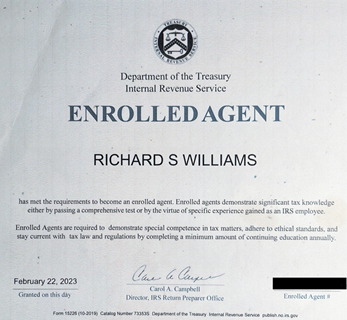 IRS Enrolled Agent Certificate issued by the US Department of the Treasury
